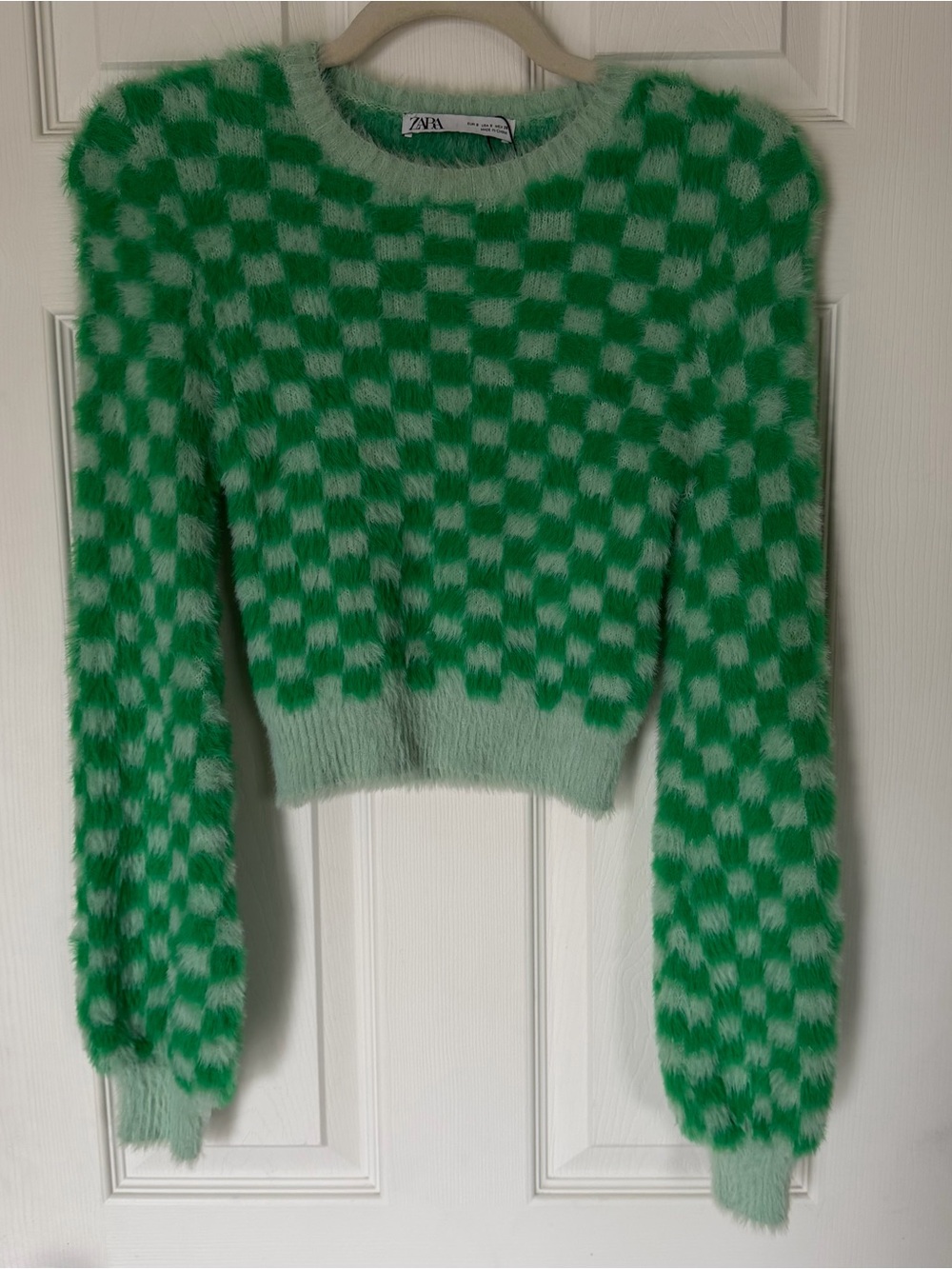 Zara Checkered Cropped Soft Fuzzy Sweater Small